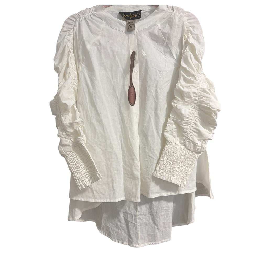 Spoon Jeans‎ Vintage White Ruched Long Sleeve High-Low Button Down Blouse